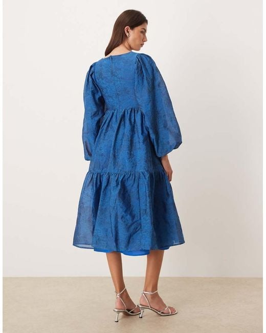 Sister Jane Blue Sunrise Exclusive Jacquard Balloon Sleeve V-neck Bow Detail Midi Dress