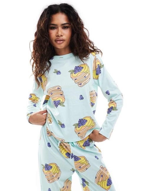 ASOS Blue Pancakes Long Sleeve Top & Trouser Pyjama Set