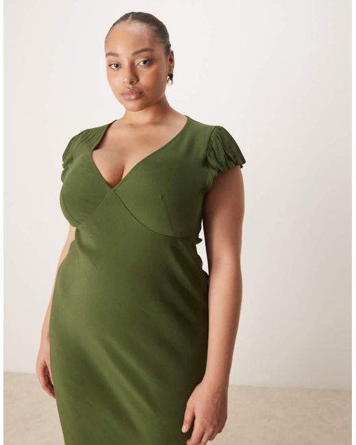 ASOS Asos Design Curve Puff Sleeve V-neck Maxi Tea Dress in Green | Lyst UK