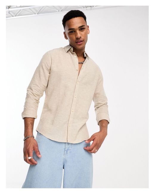 Only & Sons White Linen Mix Long Sleeve Shirt for men