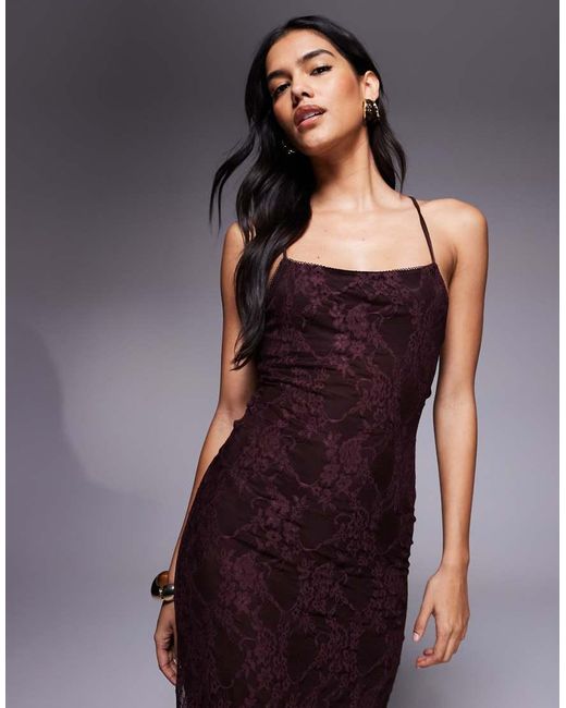 Vestido Largo Marrón De Tirantes Con Escote Cuadrado Y Lazada En La Espalda De Encaje De ASOS de color Purple