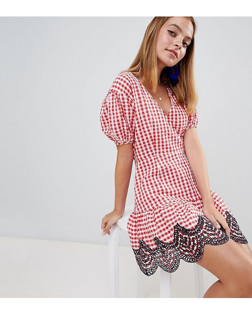 Cœur Carreaux Broderies Robe Femme De Coloris Courte Vichy Rouge Cache Et À CoBWrdxe
