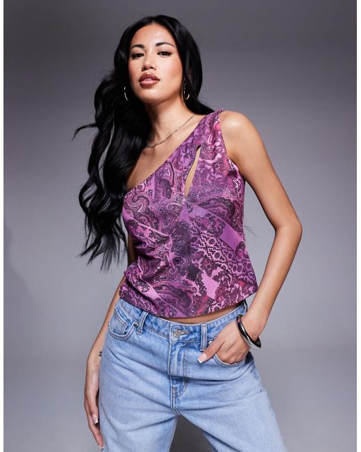 ASOS Purple Mesh One Shoulder Cut Out Detail Top