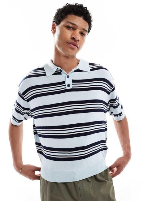 Bershka Blue Retro Knit Striped Polo Shirt for men