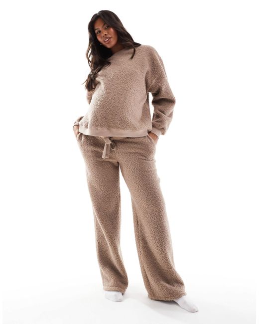 ASOS Natural Asos Design Maternity Lounge Borg Sweat & Wide Leg Pants Set