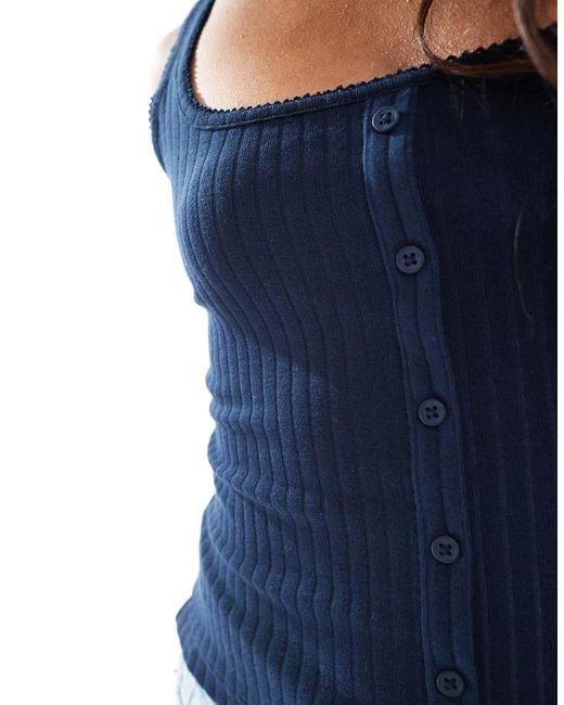 Miss Selfridge Geribbeld Mouwloos Hemdje Met Knoopsluiting in het Blue