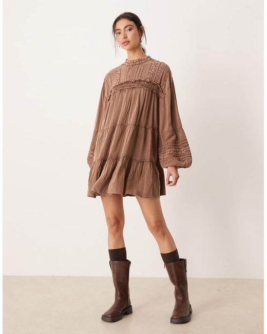 ASOS Brown High Neck Smock Mini Dress With Lace Trims
