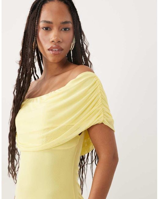 ASOS Yellow Mesh Off Shoulder Cinched Dropped Waist Maxi Dress With High Godet Detail