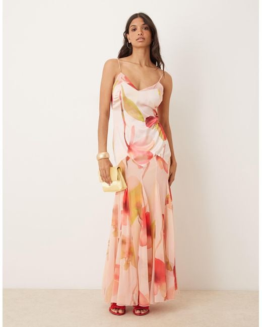 ASOS Pink Dropped Waist Satin And Chiffon Mix Maxi Dress With Full Godet Skirt
