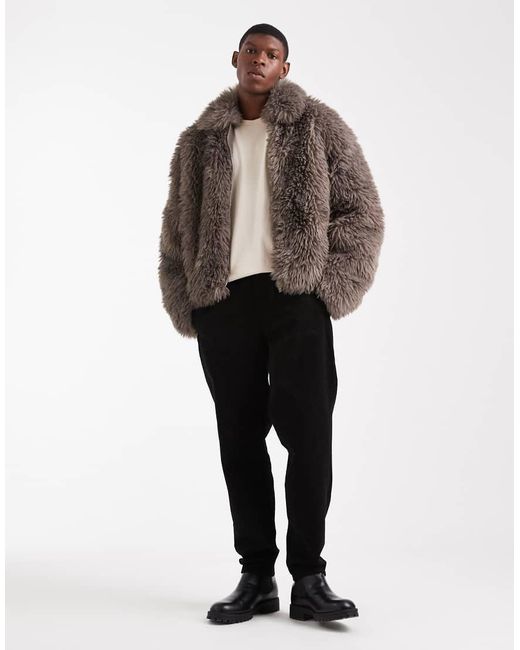 ASOS Brown Faux Fur Harrington Jacket for men