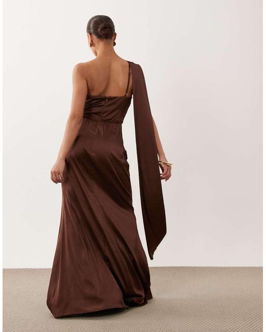TFNC London Brown Tfnc Bridesmaid Petite Satin One Shoulder Drape Back Split Detail Maxi Dress