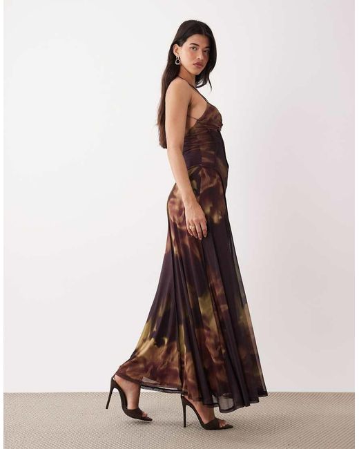 ASOS Brown Printed Mesh Maxi Dress With Exposed Seam Detail