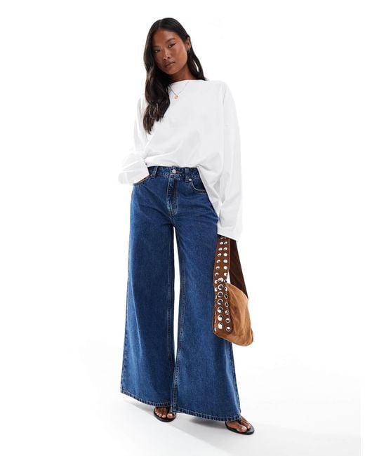 ASOS Blue Asos Design Petite High Waist Wide Leg Jeans