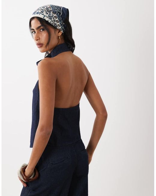 Mango Blue Carla Linen Mix Halterneckdenim Top Co-Ord