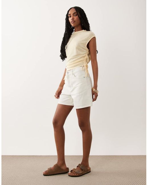ASOS Natural Sheer Slub Short Sleeve Top With Ruching Detail