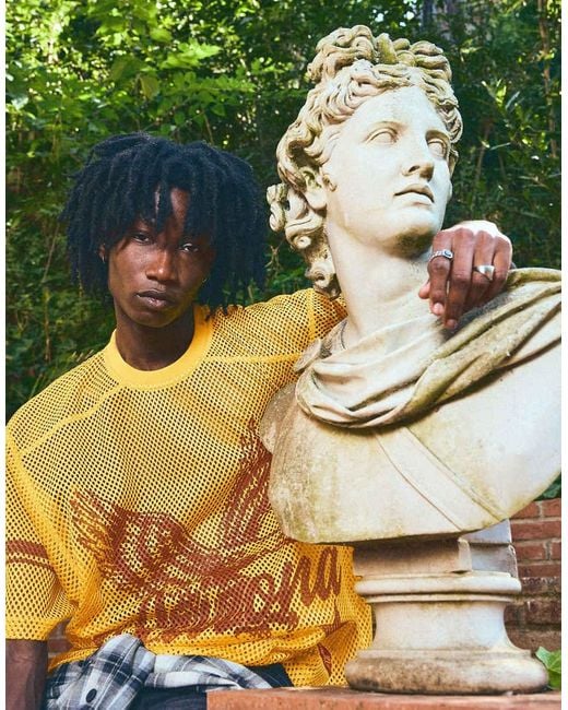 Bershka Yellow Boxy Fit Mesh Arizona T-Shirt for men