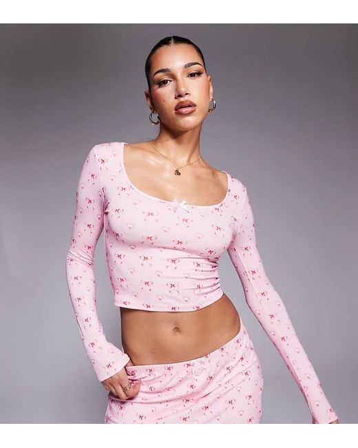 Kaiia Pink Exclusive Cropped Scoop Neck Bow Detail Pyjama Top Co-ord