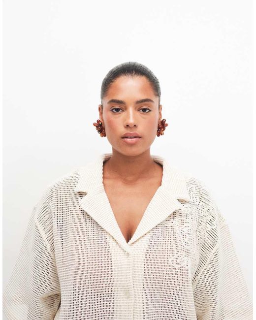 ASOS White Asos Design Curve Open Knit Revere Shirt Co-ord With Cornelli Detail