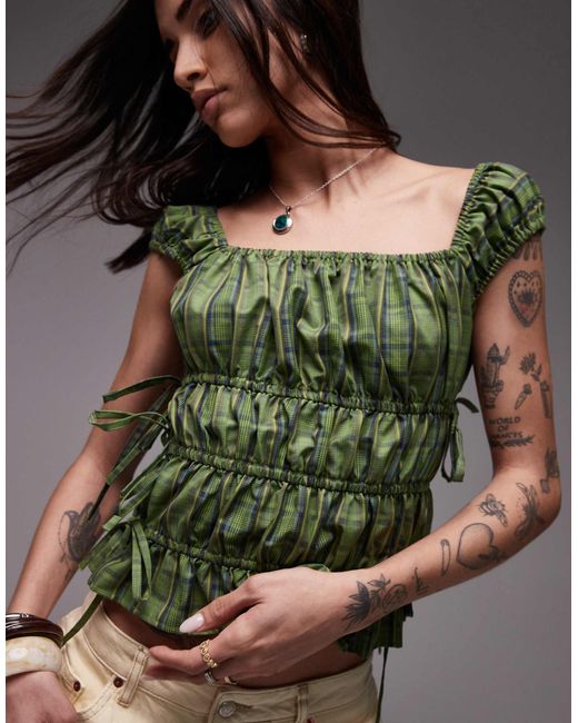 TOPSHOP Green Ruched Tiered Tie Side Top