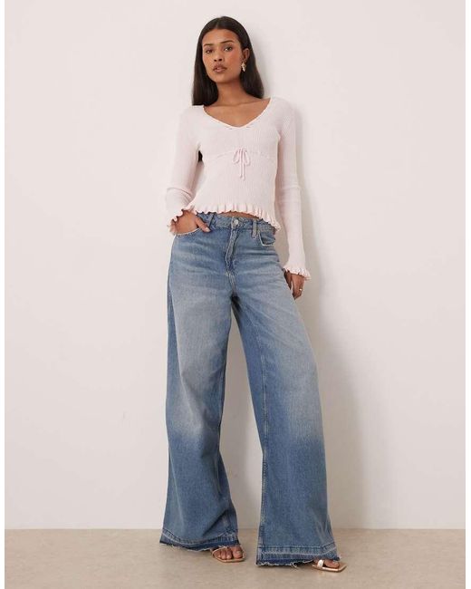Gina Tricot White Long Sleeve Knit Frill Top