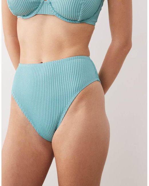 ASOS Blue Riddy Glitter Rib Azores High Leg High Waist Bikini Bottom