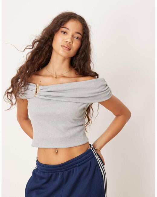 ASOS Gray Modal Off Shoulder Top With Hardware & Fold Over Detail