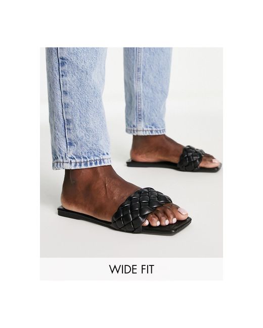 Truffle Collection Wide Fit Square Toe Woven Slip On Mule Sliders in Black - Lyst