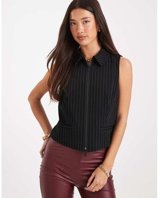 French Connection Elegant Gilet Met Rits En Krijtstreep in het Black