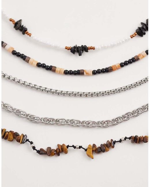 ASOS White 5 Pack Semi-Precious Tigers Eye And Obsidian Chippings And Seedbead Bracelet for men