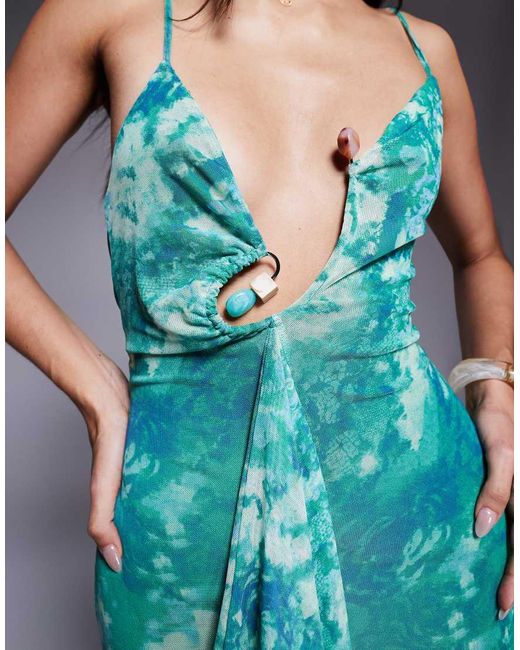 ASOS Blue Printed Mesh Maxi Dress With Hardware Ruffle Detail