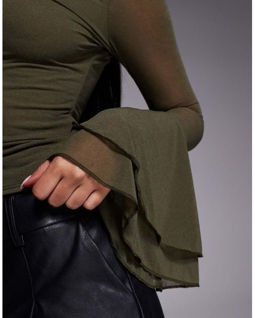 ASOS Gray Mesh Slinky Long Sleeve Top With Flare Sleeve Detail
