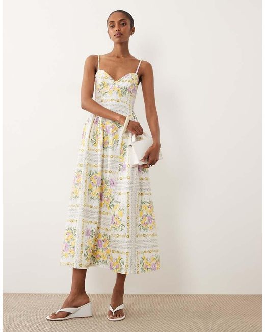 New Look Natural Flower Print Corset Midi Dress