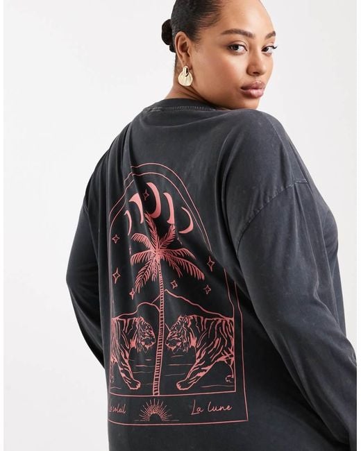 ASOS Black Asos Design Curve Long Sleeve T-shirt With Moon And Tiger Graphic