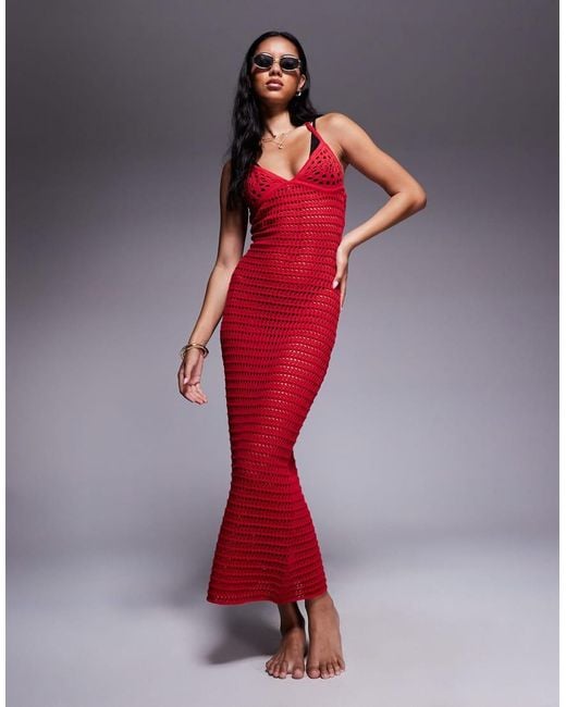 The Frolic Red Exclusive Crochet Halterneck Maxi Dress