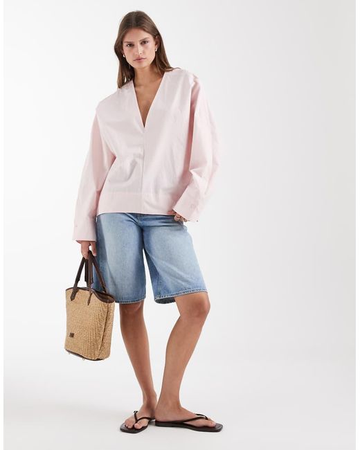 & Other Stories Pink Pure Cotton Poplin V Neck Balloon Shape Blouse