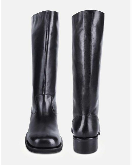 OFF THE HOOK Black Helia Leather Block Heel Knee High Boots
