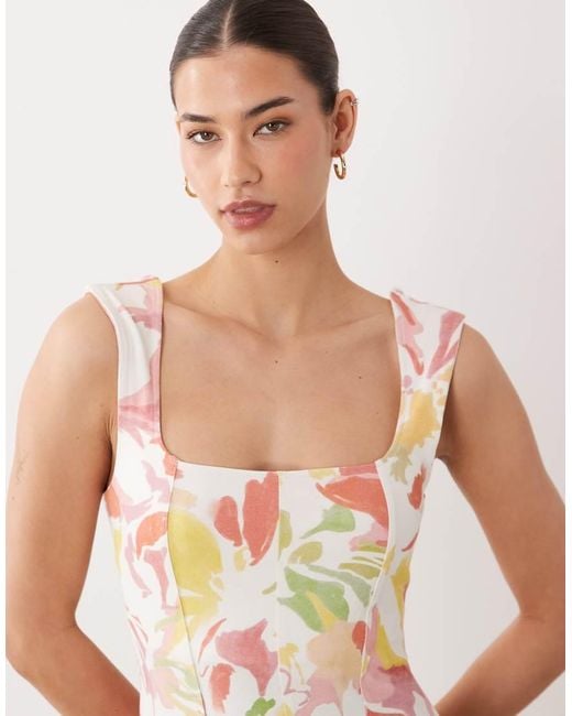 ASOS Multicolor Square Neck Seam Detail Midi Dress