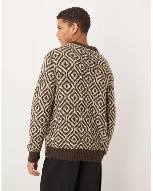 SELECTED Brown Wool Blend Knitted Jumper With Geo Print for men