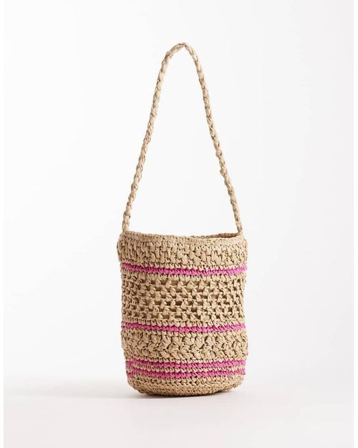 ASOS White Straw Hand Crochet Bucket Bag With Floral Detail