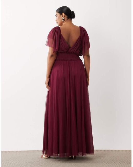 Lace & Beads Plus Bridesmaid Shirred Waist V Neck Mesh Flutter Sleeve Maxi Dress