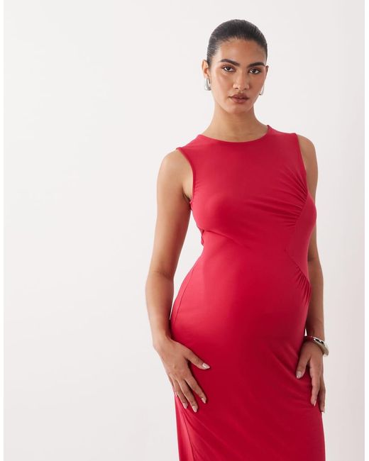 Mama.licious Red Mamalicious Maternity Sleeveless Side Ruched Detail Slinky Midi Dress