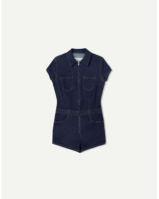 Bershka Blue Short Denim Jumpsuit
