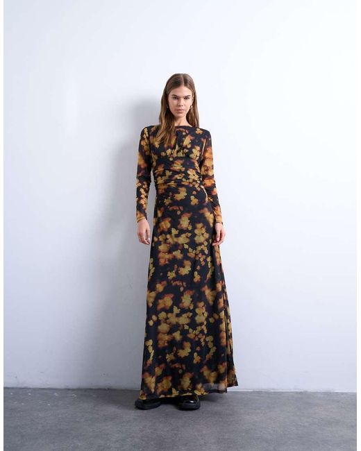 TOPSHOP Black Blurred Floral Print Long Sleeve Maxi Dress