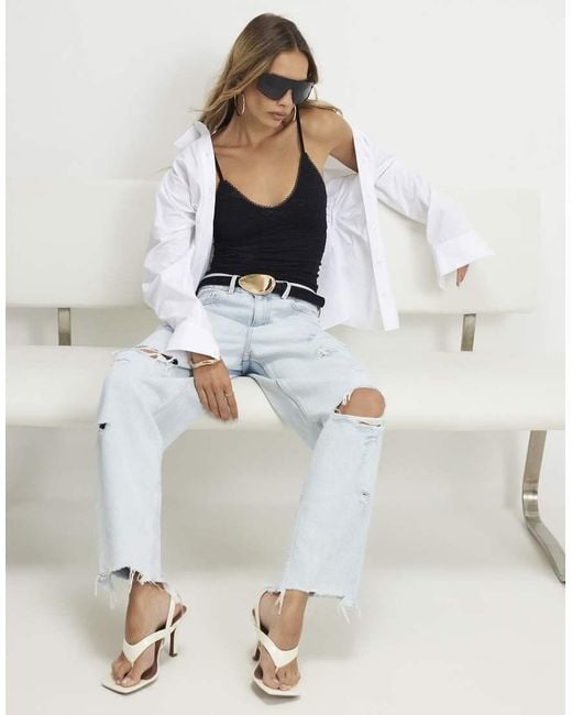 River Island Gray Ripped Raw Hem Barrel Leg Jeans