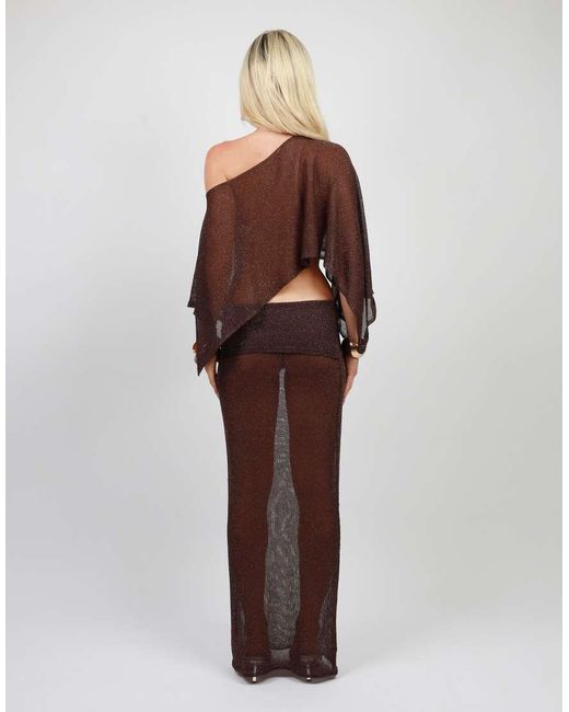 SIMMI Brown Foldover Sheer Knit Maxi Skirt