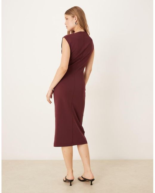 Mango Red Ruched Detail High Neck Sleeveless Midi Dress