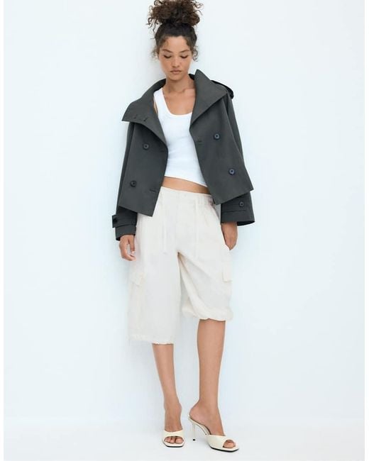 Stradivarius White High Neck Trench Coat With Belt