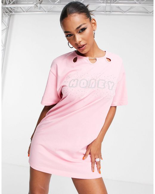 AsYou Hot Fix "honey" Graphic Cut Out T-shirt Dress in Pink | Lyst Canada
