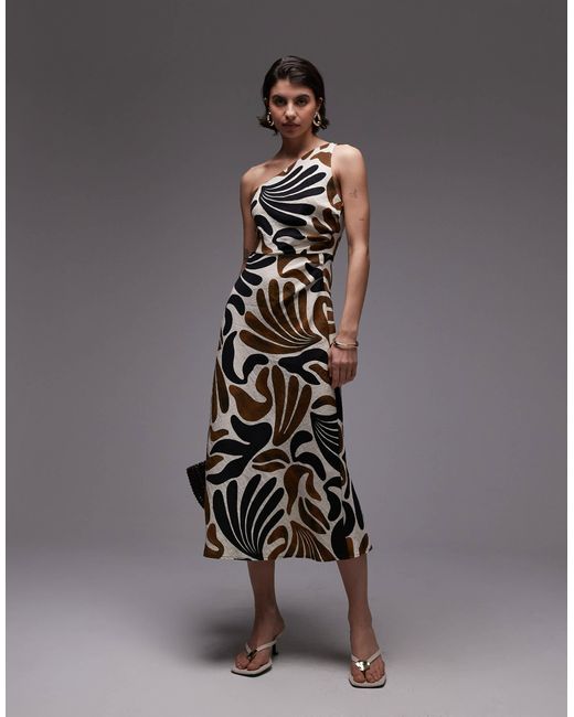 Mango Black – midaxi-kleid mit one-shoulder-träger und em abstraktem blattmuster