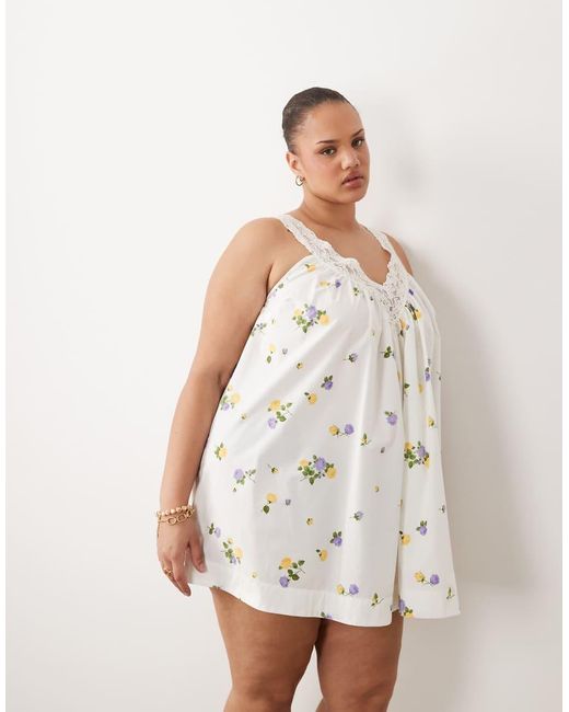 ASOS White Asos Design Curve V-neck Smock Poplin Mini Sundress With Lace Overlay